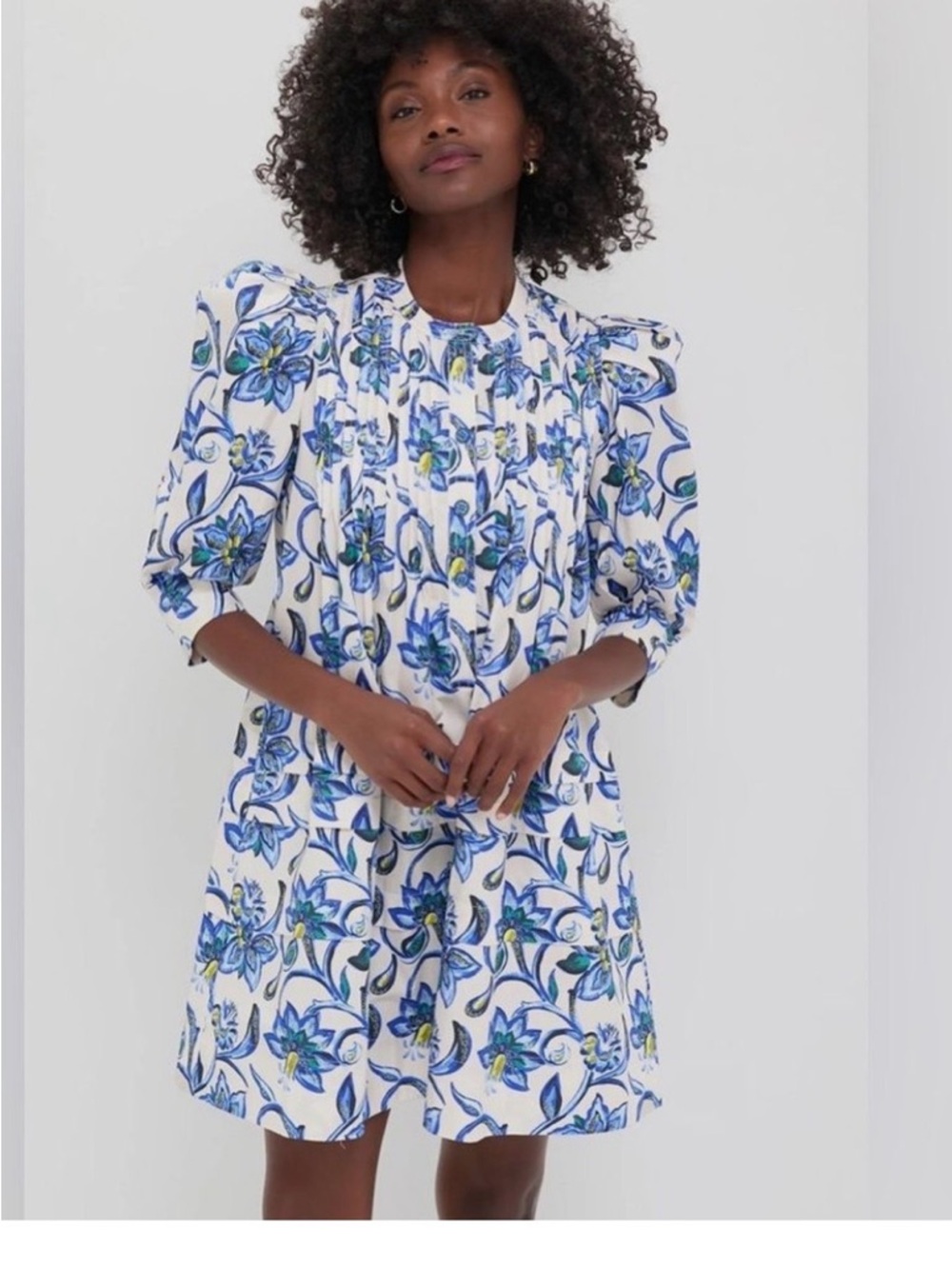 HUNTER BELL Blue & White Floral Puff-Sleeve Mini Dress